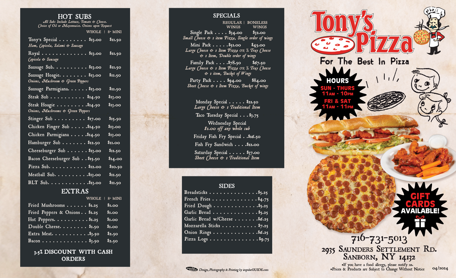 Tony's Pizza Sanborn menu 1
